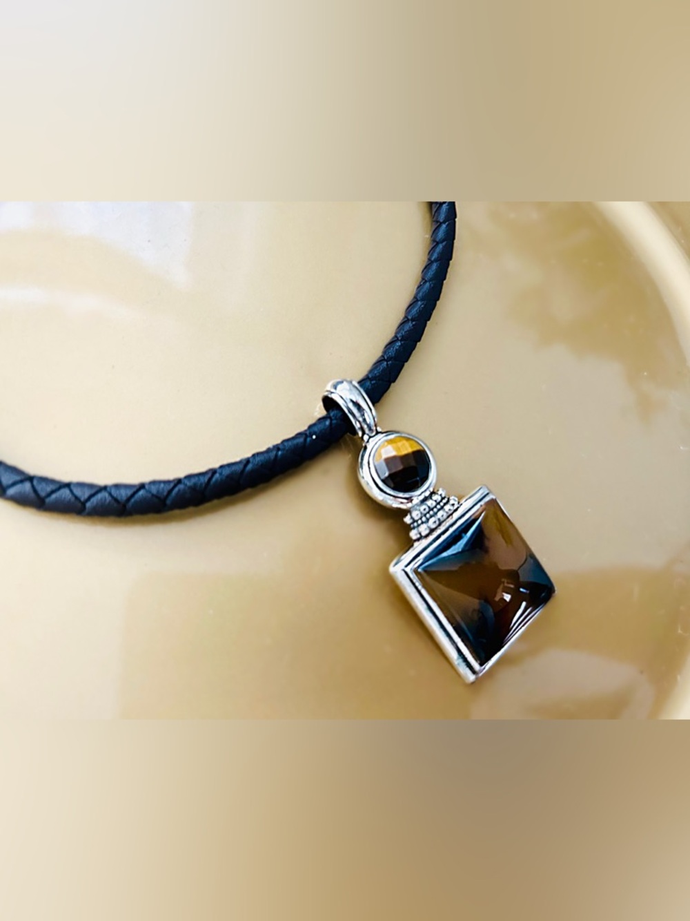 Leather Braided Necklace with Gem-Style Pendant